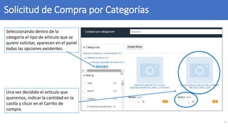 Solicitud de Compra por Categorías
9
Seleccionando dentro de la
categoría el tipo de artículo que se
quiere solicitar, aparecen en el panel
todas las opciones existentes.
Una vez decidido el artículo que
queremos, indicar la cantidad en la
casilla y clicar en el Carrito de
compra.
 