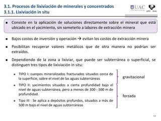3.1. Procesos de lixiviación de minerales y concentrados
3.1.1. Lixiviación in situ
 Consiste en la aplicación de soluciones directamente sobre el mineral que está
ubicado en el yacimiento, sin someterlo a labores de extracción minera
 Bajos costos de inversión y operación  evitan los costos de extracción minera
 Posibilitan recuperar valores metálicos que de otra manera no podrían ser
extraídos.
 Dependiendo de la zona a lixiviar, que puede ser subterránea o superficial, se
distinguen tres tipos de lixiviación in situ:
11
 TIPO I: cuerpos mineralizados fracturados situados cerca de
la superficie, sobre el nivel de las aguas subterráneas
 TIPO II: yacimientos situados a cierta profundidad bajo el
nivel de aguas subterránea, pero a menos de 300 - 500 m de
profundidad.
 Tipo III : Se aplica a depósitos profundos, situados a más de
500 m bajo el nivel de aguas subterráneas
gravitacional
forzada
 