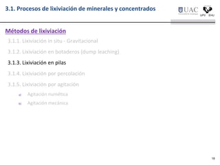 3.1.1. Lixiviación in situ - Gravitacional
3.1.2. Lixiviación en botaderos (dump leaching)
3.1.3. Lixiviación en pilas
3.1.4. Lixiviación por percolación
3.1.5. Lixiviación por agitación
a) Agitación numética
b) Agitación mecánica
Métodos de lixiviación
3.1. Procesos de lixiviación de minerales y concentrados
18
 