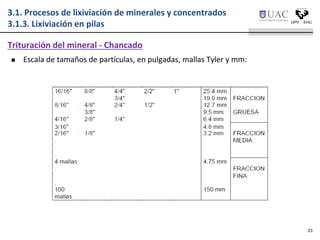 Escala de tamaños de partículas, en pulgadas, mallas Tyler y mm:
Trituración del mineral - Chancado
3.1. Procesos de lixiviación de minerales y concentrados
3.1.3. Lixiviación en pilas
23
 