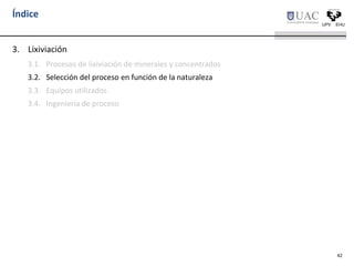 Índice
3. Lixiviación
3.1. Procesos de lixiviación de minerales y concentrados
3.2. Selección del proceso en función de la naturaleza
3.3. Equipos utilizados
3.4. Ingeniería de proceso
42
 
