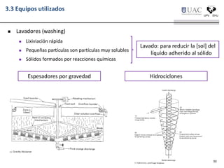 3.3 Equipos utilizados
 Lavadores (washing)
 Lixiviación rápida
 Pequeñas partículas son partículas muy solubles
 Sólidos formados por reacciones químicas
50
Lavado: para reducir la [sol] del
líquido adherido al sólido
Espesadores por gravedad Hidrociclones
 
