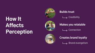 How It
Affects
Perception
Builds trust
Credibility
Makes you relatable
Connection
Creates brand loyalty
Brand evangelism
 