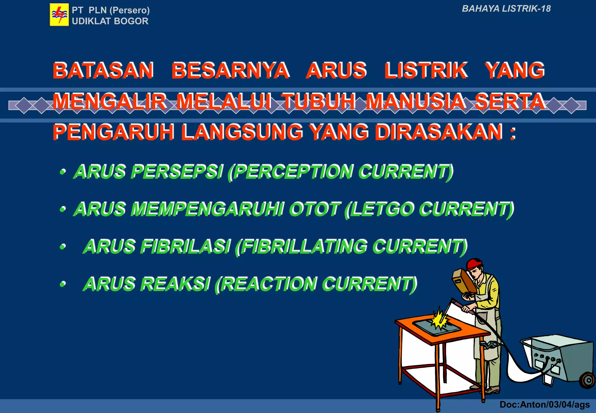 PT PLN (Persero)
UDIKLAT BOGOR
BAHAYA LISTRIK-18
BATASAN BESARNYA ARUS LISTRIK YANG
MENGALIR MELALUI TUBUH MANUSIA SERTA
PENGARUH LANGSUNG YANG DIRASAKAN :
• ARUS PERSEPSI (PERCEPTION CURRENT)
• ARUS MEMPENGARUHI OTOT (LETGO CURRENT)
• ARUS FIBRILASI (FIBRILLATING CURRENT)
• ARUS REAKSI (REACTION CURRENT)
Doc:Anton/03/04/ags
 