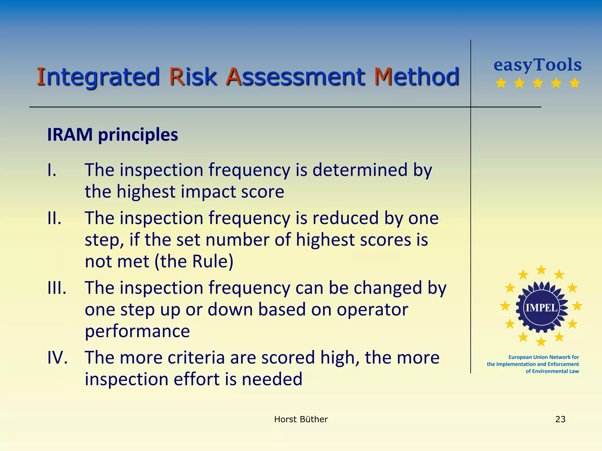 European Union Network for
the Implementation and Enforcement
of Environmental Law
European Union Network for
the Implementation and Enforcement
of Environmental Law
IRAM principles
I. The inspection frequency is determined by
the highest impact score
II. The inspection frequency is reduced by one
step, if the set number of highest scores is
not met (the Rule)
III. The inspection frequency can be changed by
one step up or down based on operator
performance
IV. The more criteria are scored high, the more
inspection effort is needed
easyTools
    
Integrated Risk Assessment Method
Horst Büther 23
 