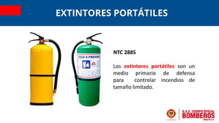 NTC 2885
Los extintores portátiles son un
medio primario de defensa
para controlar incendios de
tamaño limitado.
EXTINTORES PORTÁTILES
 