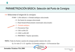 Jornadas Técnicas TIA 2001 Título del fichero 03/01
Página 17
s
PARAMETRIZACIÓN BÁSICA: Selección del Punto de Consigna
 Seleccionar el origen de la consigna:
P1000 = 2 (Por defecto)  Entrada analógica seleccionada.
- 0 - Sin fuente de consigna seleccionada
- 1 - Panel frontal (Potenciómetro motorizado seleccionado)
- 2 - Entrada analógica
- 3 - Frecuencias Fijas
- 4 - USS via RS-232
- 5 - USS2 via RS-485
- 6 - PROFIBUS / Tarjetas opcionales.
NOTA: Todas las fuentes o puntos de consigna pueden sumarse dos a dos:
Ej: Un valor 23 ó 32 significa: (2) Entrada analógica + (3) Frecuencias fijas
 