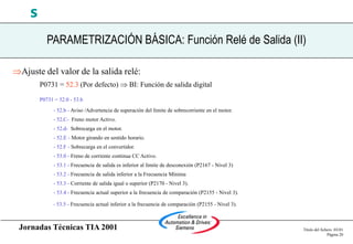 Jornadas Técnicas TIA 2001 Título del fichero 03/01
Página 20
s
Ajuste del valor de la salida relé:
P0731 = 52.3 (Por defecto)  BI: Función de salida digital
P0731 = 52.0 - 53.b
- 52.b - Aviso /Advertencia de superación del límite de sobrecorriente en el motor.
- 52.C- Freno motor Activo.
- 52.d- Sobrecarga en el motor.
- 52.E - Motor girando en sentido horario.
- 52.F - Sobrecarga en el convertidor.
- 53.0 - Freno de corriente continua CC Activo.
- 53.1 - Frecuencia de salida es inferior al límite de desconexión (P2167 - Nivel 3)
- 53.2 - Frecuencia de salida inferior a la Frecuencia Mínima
- 53.3 - Corriente de salida igual o superior (P2170 - Nivel 3).
- 53.4 - Frecuencia actual superior a la frecuencia de comparación (P2155 - Nivel 3).
- 53.5 - Frecuencia actual inferior a la frecuencia de comparación (P2155 - Nivel 3).
PARAMETRIZACIÓN BÁSICA: Función Relé de Salida (II)
 