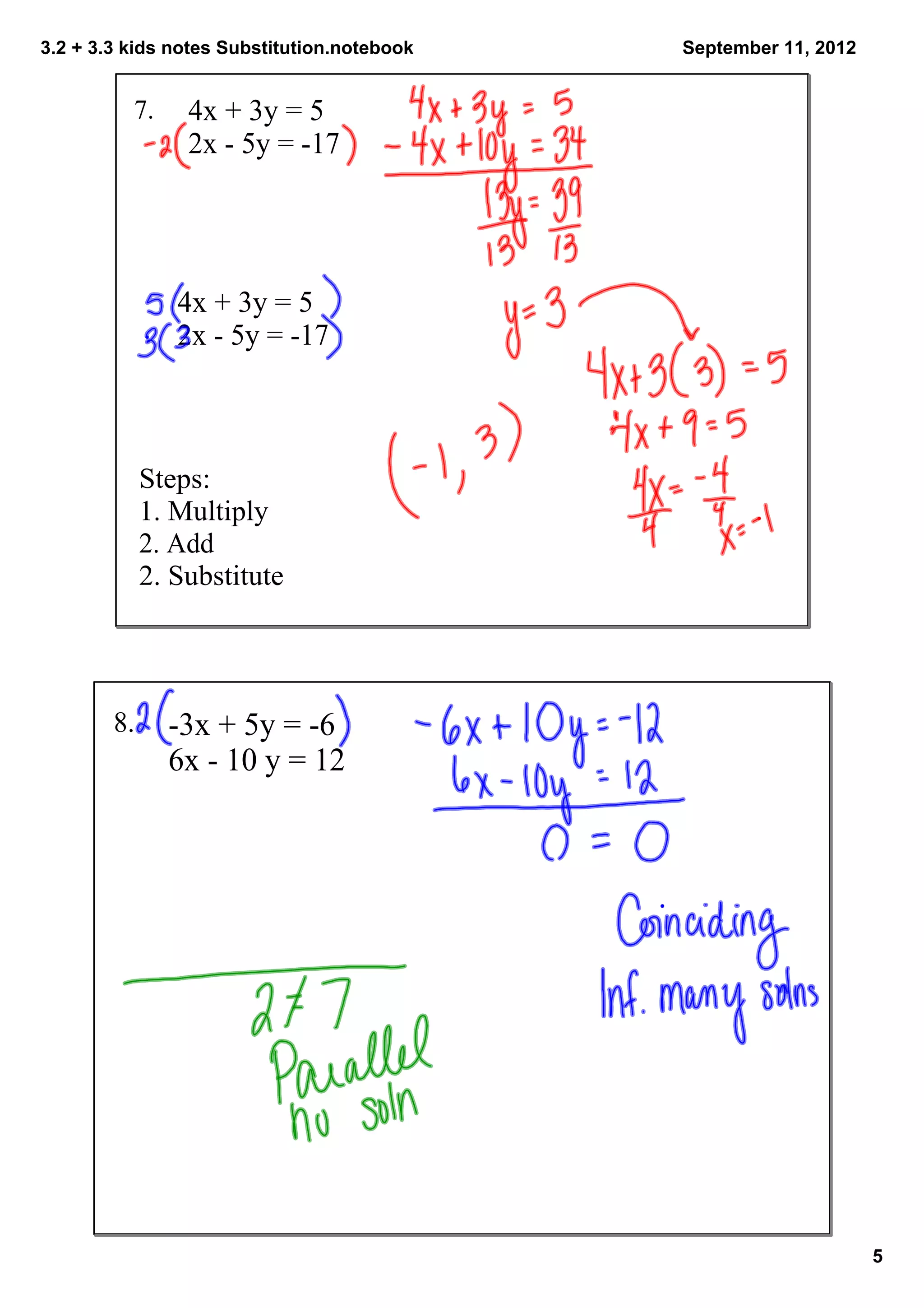 3.2 + 3.3 kids notes Substitution.notebook   September 11, 2012


          7.     4x + 3y = 5
                 2x ­ 5y = ­17




                4x + 3y = 5
                2x ­ 5y = ­17



           Steps:
           1. Multiply
           2. Add
           2. Substitute




        8.  ­3x + 5y = ­6
                6x ­ 10 y = 12




                                                                  5
 