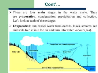 Cont’…
 There are four main stages in the water cycle. They
are evaporation, condensation, precipitation and collection.
Let's look at each of these stages.
 Evaporation: sun causes water from oceans, lakes, streams, ice
and soils to rise into the air and turn into water vapour (gas).
 