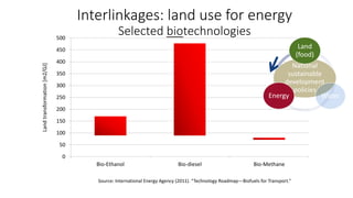 Interlinkages: land use for energy
Selected biotechnologies
Source: International Energy Agency (2011). “Technology Roadmap—Biofuels for Transport.”
0
50
100
150
200
250
300
350
400
450
500
Bio-Ethanol Bio-diesel Bio-Methane
Land
transformation
[m2/GJ]
National
sustainable
development
policies
Land
(food)
Water
Energy
 