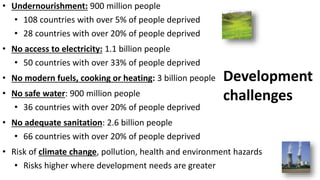 • Undernourishment: 900 million people
• 108 countries with over 5% of people deprived
• 28 countries with over 20% of people deprived
• No access to electricity: 1.1 billion people
• 50 countries with over 33% of people deprived
• No modern fuels, cooking or heating: 3 billion people
• No safe water: 900 million people
• 36 countries with over 20% of people deprived
• No adequate sanitation: 2.6 billion people
• 66 countries with over 20% of people deprived
• Risk of climate change, pollution, health and environment hazards
• Risks higher where development needs are greater
Development
challenges
 