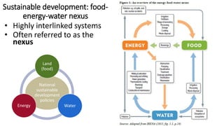 • Highly interlinked systems
• Often referred to as the
nexus
Sustainable development: food-
energy-water nexus
National
sustainable
development
policies
Land
(food)
Water
Energy
 