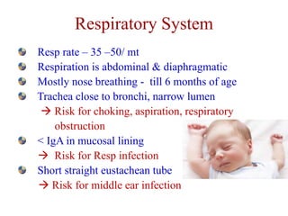 Respiratory System
Resp rate – 35 –50/ mt
Respiration is abdominal & diaphragmatic
Mostly nose breathing - till 6 months o...