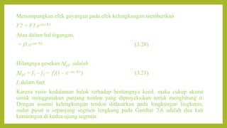 Menumpangkan efek goyangan pada efek kelengkungan memberikan
F2 = F1.e-μα–KL
Atau dalam hal tegangan,
= f1.e-μα–KL (3.20)
Hilangnya gesekan ΔfpF adalah
ΔfpF = f1 – f2 = f1(1 – e- μα–KL) (3.21)
L dalam feet
Karena rasio kedalaman balok terhadap bentangnya kecil, maka cukup akurat
untuk menggunakan panjang tendon yang diproyeksikan untuk menghitung α.
Dengan asumsi kelengkungan tendon didasarkan pada lengkungan lingkaran,
sudut pusat α sepanjang segmen lengkung pada Gambar 3.6 adalah dua kali
kemiringan di kedua ujung segmen.
 