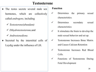 Testosterone
 The testes secrete several male sex
hormones, which are collectively
called androgens, including
 Testosterone(abundant)
 Dihydrotestosterone,and
 Androstenedione.
 Secreted by the interstitial cells of
Leydig under the influence of LH.
26
Function
 Determines the primary sexual
characteristics.
 Determines
characteristics
secondary sexual
 It stimulates the brain to develop the
male sexual behavior and set up.
 Testosterone Increases Bone Matrix
and Causes Calcium Retention
 Testosterone Increases Red Blood
Cells.
 Functions of Testosterone During
Fetal Development
 