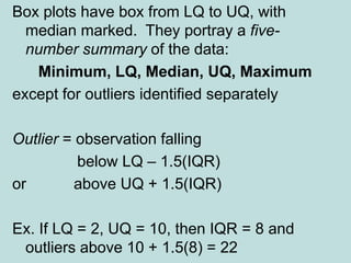 Box plots have box from LQ to UQ, with
median marked. They portray a five-
number summary of the data:
Minimum, LQ, Median, UQ, Maximum
except for outliers identified separately
Outlier = observation falling
below LQ – 1.5(IQR)
or above UQ + 1.5(IQR)
Ex. If LQ = 2, UQ = 10, then IQR = 8 and
outliers above 10 + 1.5(8) = 22
 