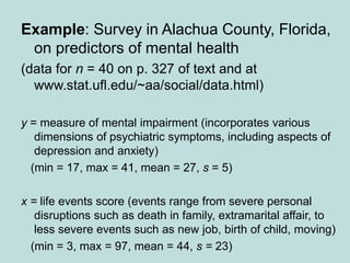 Example: Survey in Alachua County, Florida,
on predictors of mental health
(data for n = 40 on p. 327 of text and at
www.stat.ufl.edu/~aa/social/data.html)
y = measure of mental impairment (incorporates various
dimensions of psychiatric symptoms, including aspects of
depression and anxiety)
(min = 17, max = 41, mean = 27, s = 5)
x = life events score (events range from severe personal
disruptions such as death in family, extramarital affair, to
less severe events such as new job, birth of child, moving)
(min = 3, max = 97, mean = 44, s = 23)
 