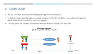 C. COHORT STUDIES
 It is the one which patients are entered according their exposure status.
 I.e. between two group of people, one group is exposed to the drug and other is unexposed comparison
group similar to them in all other important aspects.
 The two groups are followed through time and outcome are observed and resourced.
 
