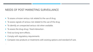 NEEDS OF POST MARKETING SURVEILLANCE
 To assess a known serious risk related to the use of drug.
 To assess signals of serious risk related to the use of the drug.
 To identify an unexpected serious risk when available.
 To assess the drug-drug / food interaction .
 Find out long-term effects .
 Comply with regulatory requirements
 Compare new products or treatments with existing options and standard of care.
.
 