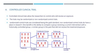 A. CONTROLLED CLINICAL TRAIL
 Controlled clinical trials allow the researchers to control who will receive an exposure.
 The trials may be randomized or non-randomized control trials.
 randomized control trials are considered being the gold standard, non-randomized control trials do have a
place in research. One benefit is the ability to compare a group receiving a current intervention with a
historically controlled group- a similar group in the past that did not receive the treatment/exposure.
 