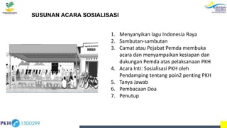 SUSUNAN ACARA SOSIALISASI
1. Menyanyikan lagu Indonesia Raya
2. Sambutan-sambutan
3. Camat atau Pejabat Pemda membuka
acara dan menyampaikan kesiapan dan
dukungan Pemda atas pelaksanaan PKH
4. Acara Inti: Sosialisasi PKH oleh
Pendamping tentang poin2 penting PKH
5. Tanya Jawab
6. Pembacaan Doa
7. Penutup
 