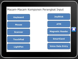 Macam-Macam Komponen Perangkat Input
Keyboard JoyStick
Mouse ATM
Scanner
SmartCard
TouchPad
Voice Data Entry
LightPen
Magnetic Reader
 