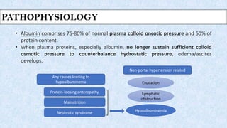 PATHOPHYSIOLOGY
Non-portal hypertension related
Exudation
Lymphatic
obstruction
Hypoalbuminemia
Any causes leading to
hypoalbuminema
Protein-loosing enteropathy
Malnutrition
Nephrotic syndrome
• Albumin comprises 75-80% of normal plasma colloid oncotic pressure and 50% of
protein content.
• When plasma proteins, especially albumin, no longer sustain sufficient colloid
osmotic pressure to counterbalance hydrostatic pressure, edema/ascites
develops.
PATHOPHYSIOLOGY
 