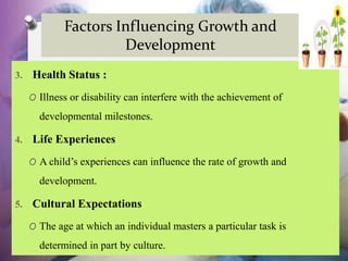 Factors Influencing Growth and
Development
3. Health Status :
O Illness or disability can interfere with the achievement of
developmental milestones.
4. Life Experiences
O A child’s experiences can influence the rate of growth and
development.
5. Cultural Expectations
O The age at which an individual masters a particular task is
determined in part by culture.
 