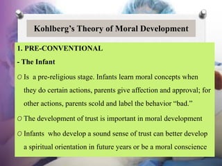 Kohlberg’s Theory of Moral Development
1. PRE-CONVENTIONAL
- The Infant
O Is a pre-religious stage. Infants learn moral concepts when
they do certain actions, parents give affection and approval; for
other actions, parents scold and label the behavior “bad.”
O The development of trust is important in moral development
O Infants who develop a sound sense of trust can better develop
a spiritual orientation in future years or be a moral conscience
 