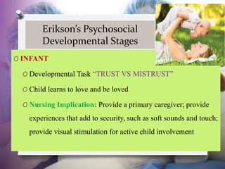 Erikson’s Psychosocial
Developmental Stages
O INFANT
O Developmental Task “TRUST VS MISTRUST”
O Child learns to love and b...