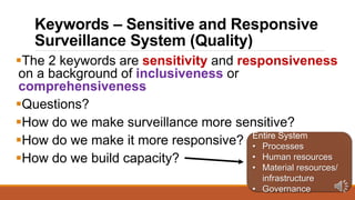 Keywords – Sensitive and Responsive
Surveillance System (Quality)
The 2 keywords are sensitivity and responsiveness
on a ...
