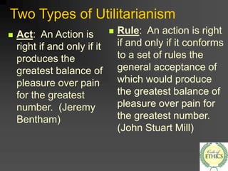 Two Types of Utilitarianism
 Rule: An action is right
if and only if it conforms
to a set of rules the
general acceptance of
which would produce
the greatest balance of
pleasure over pain for
the greatest number.
(John Stuart Mill)
 Act: An Action is
right if and only if it
produces the
greatest balance of
pleasure over pain
for the greatest
number. (Jeremy
Bentham)
 
