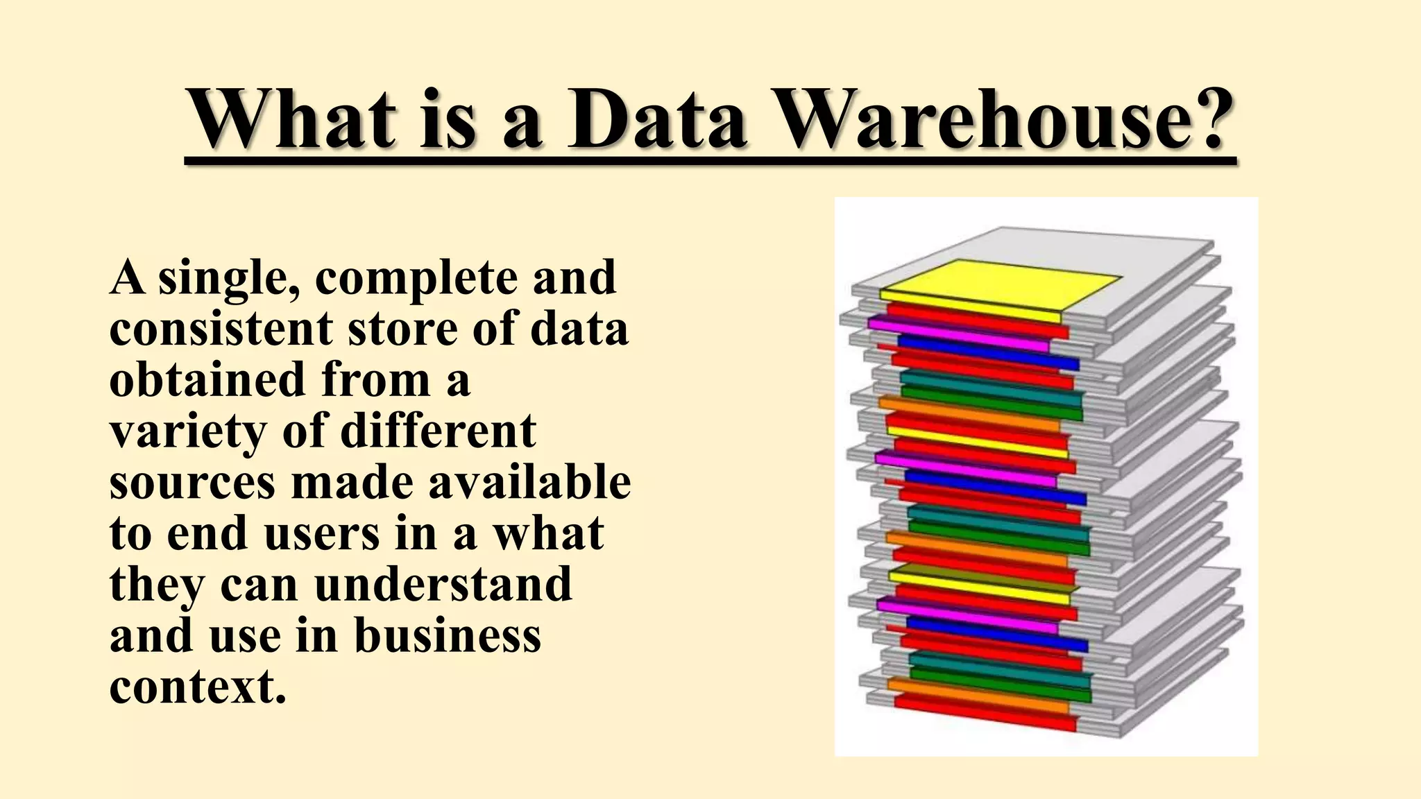 What is a Data Warehouse?
A single, complete and
consistent store of data
obtained from a
variety of different
sources made available
to end users in a what
they can understand
and use in business
context.
 