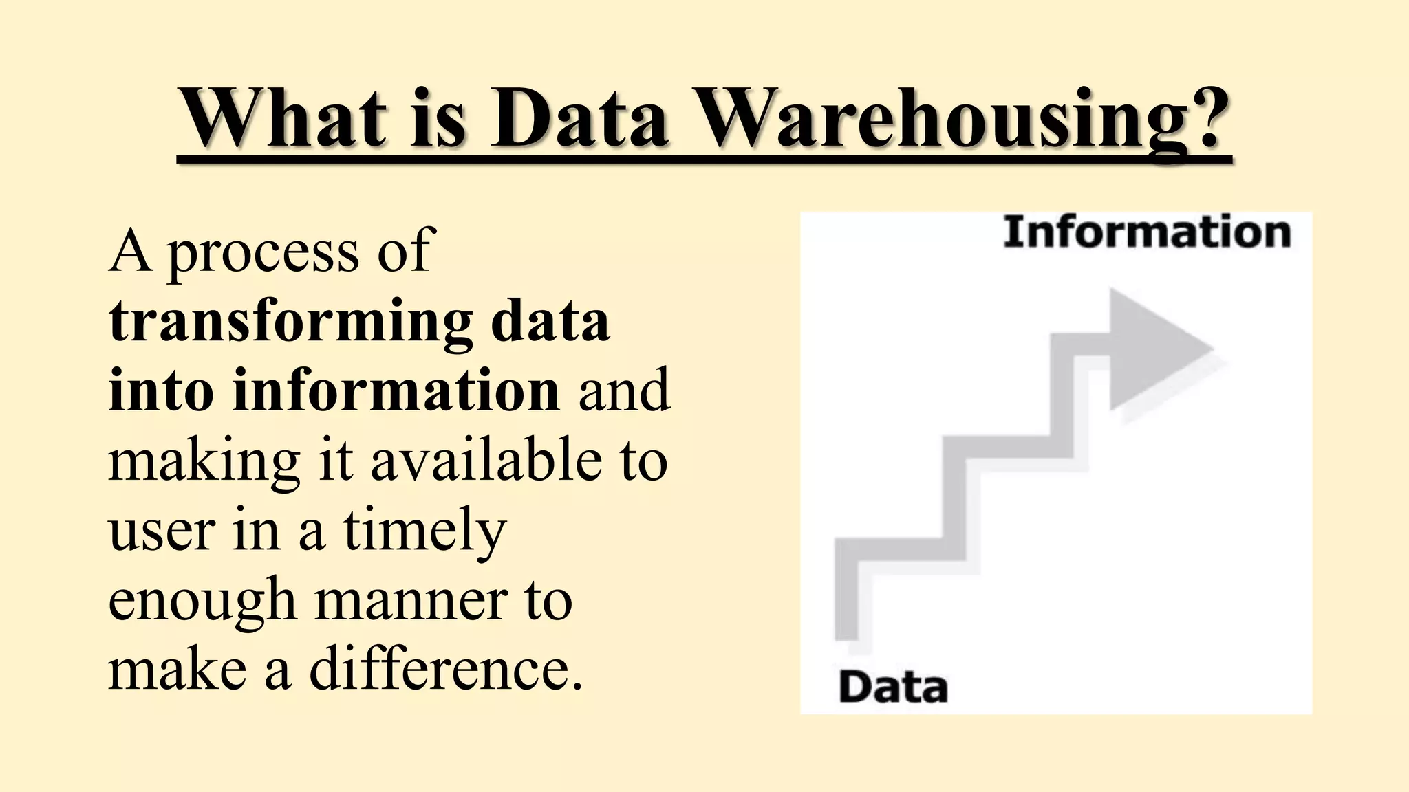 What is Data Warehousing?
A process of
transforming data
into information and
making it available to
user in a timely
enough manner to
make a difference.
 