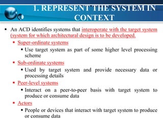 1. REPRESENT THE SYSTEM IN
CONTEXT
 An ACD identifies systems that interoperate with the target system
(system for which architectural design is to be developed.
 Super-ordinate systems
 Use target system as part of some higher level processing
scheme
 Sub-ordinate systems
 Used by target system and provide necessary data or
processing details
 Peer-level systems
 Interact on a peer-to-peer basis with target system to
produce or consume data
 Actors
 People or devices that interact with target system to produce
or consume data
 