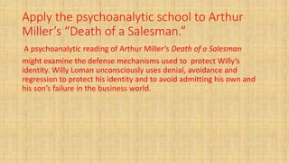 Apply the psychoanalytic school to Arthur
Miller’s “Death of a Salesman.”
A psychoanalytic reading of Arthur Miller’s Death of a Salesman
might examine the defense mechanisms used to protect Willy’s
identity. Willy Loman unconsciously uses denial, avoidance and
regression to protect his identity and to avoid admitting his own and
his son’s failure in the business world.
 