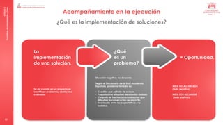 MÓDULO
5
Consultoría:
Acompañamiento
y
Cierre
17
Acompañamiento en la ejecución
La
implementación
de una solución.
Se da cuando en un proyecto se
identifican problemas, obstáculos
o retrasos.
¿Qué es la implementación de soluciones?
¿Qué
es un
problema?
Situación negativa, no deseada.
Según el Diccionario de la Real Academia
Española, problema también es:
• Cuestión que se trata de aclarar.
• Proposición o dificultad de solución dudosa.
• Conjunto de hechos o circunstancias que
dificultan la consecución de algún fin.
• Desviación entre las expectativas y la
realidad.
= Oportunidad.
META NO ALCANZADA
(lado negativo).
META POR ALCANZAR
(lado positivo).
 