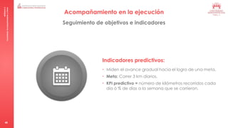 MÓDULO
5
Consultoría:
Acompañamiento
y
Cierre
48
Acompañamiento en la ejecución
Seguimiento de objetivos e indicadores
Indicadores predictivos:
• Miden el avance gradual hacia el logro de una meta.
• Meta: Correr 3 km diarios.
• KPI predictivo = número de kilómetros recorridos cada
día ó % de días a la semana que se corrieron.
 