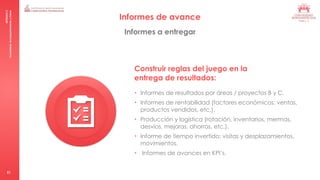 MÓDULO
5
Consultoría:
Acompañamiento
y
Cierre
51
Informes de avance
Informes a entregar
Construir reglas del juego en la
entrega de resultados:
• Informes de resultados por áreas / proyectos B y C.
• Informes de rentabilidad (factores económicos: ventas,
productos vendidos, etc.).
• Producción y logística (rotación, inventarios, mermas,
desvíos, mejoras, ahorros, etc.).
• Informe de tiempo invertido: visitas y desplazamientos.
movimientos.
• Informes de avances en KPI’s.
 