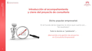 MÓDULO
5
Consultoría:
Acompañamiento
y
Cierre
6
Introducción al acompañamiento
y cierre del proyecto de consultoría
Dicho popular empresarial:
En el mundo de los negocios, lo único que cuenta son…
”los resultados”.
Todo lo demás es ”palabrería”…
¡Bienvenido a la gestión de proyectos
en Consultoría Empresarial!
 