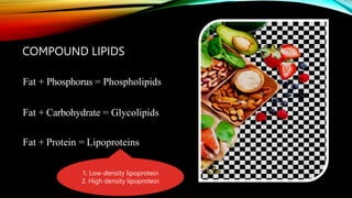 COMPOUND LIPIDS
Fat + Phosphorus = Phospholipids
Fat + Carbohydrate = Glycolipids
Fat + Protein = Lipoproteins
1. Low-dens...