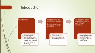 Introduction
Breast cancer
• Uncontrolled
growth of breast
tissue cells that can
invade and spread
to other parts of
the body
Breast cancer is the
most common cancer
in
developed/developin
g countries
• Fifth most
common cause of
death from cancer
The incidence rate in
developing countries
is 40/100,000
population
• Indonesia urutan
ke-8 di Asia
tenggara dan no-
23 di Asia
 