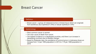 Breast Cancer
• Breast cancer : a group of malignant tumors in breast tissue which can originate
from lactiferous duct epithelium (70%) or lobular epithelium (10%)
Definition
• Most common cancer in women
• The main cause of death from cancer
• The highest incidence is in developed countries, and there is an increase in
developing countries due to lifestyle changes
• Based on Riskesdas data, the prevalence of tumors/cancer in Indonesia shows an
increase from 1.4 per 1000 population in 2013 to 1.79 per 1000 population in
2018
Epidemiology
 