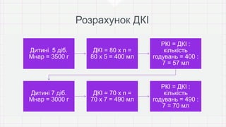 Дитині 5 діб.
Мнар = 3500 г
ДКІ = 80 х п =
80 х 5 = 400 мл
РКІ = ДКІ :
кількість
годувань = 400 :
7 = 57 мл
Дитині 7 діб.
Мнар = 3000 г
ДКІ = 70 х п =
70 х 7 = 490 мл
РКІ = ДКІ :
кількість
годувань = 490 :
7 = 70 мл
 