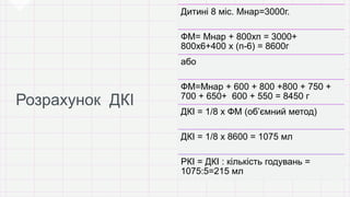 Дитині 8 міс. Мнар=3000г.
ФМ= Мнар + 800хп = 3000+
800х6+400 х (п-6) = 8600г
або
ФМ=Мнар + 600 + 800 +800 + 750 +
700 + 650+ 600 + 550 = 8450 г
ДКІ = 1/8 х ФМ (об’ємний метод)
ДКІ = 1/8 х 8600 = 1075 мл
РКІ = ДКІ : кількість годувань =
1075:5=215 мл
 