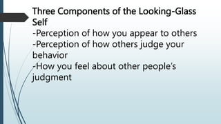 Three Components of the Looking-Glass
Self
-Perception of how you appear to others
-Perception of how others judge your
behavior
-How you feel about other people’s
judgment
 
