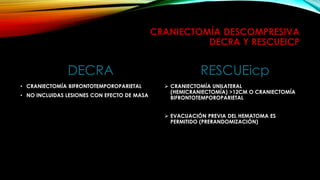 CRANIECTOMÍA DESCOMPRESIVA
DECRA Y RESCUEICP
DECRA
• CRANIECTOMÍA BIFRONTOTEMPOROPARIETAL
• NO INCLUIDAS LESIONES CON EFECTO DE MASA
RESCUEicp
 CRANIECTOMÍA UNILATERAL
(HEMICRANIECTOMÍA) >12CM O CRANIECTOMÍA
BIFRONTOTEMPOROPARIETAL
 EVACUACIÓN PREVIA DEL HEMATOMA ES
PERMITIDO (PRERANDOMIZACIÓN)
 