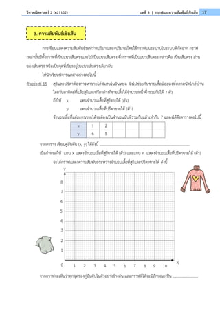 17
วิชาคณิตศาสตร์ 2 (ค21102) บทที่ 3 | กราฟและความสัมพันธ์เชิงเส้น
การเขียนแสดงความสัมพันธ์ระหว่างปริมาณสองปริมาณโดยใช้กราฟบนระนาบในระบบพิกัดฉาก กราฟ
เหล่านั้นมีทั้งกราฟที่เป็นแนวเส้นตรงและไม่เป็นแนวเส้นตรง ซึ่งกราฟที่เป็นแนวเส้นตรง กล่าวคือ เป็นเส้นตรง ส่วน
ของเส้นตรง หรือเป็นจุดที่เรียงอยู่ในแนวเส้นตรงเดียวกัน
ให้นักเรียนพิจารณาตัวอย่างต่อไปนี้
ตัวอย่างที่ 15 สุธีและปรีดาต้องการหารายได้พิเศษในวันหยุด จึงไปช่วยกันขายเสื้อมือสองที่ตลาดนัดใกล้บ้าน
โดยวันอาทิตย์ที่แล้วสุธีและปรีดาต่างก็ขายเสื้อได้จำนวนหนึ่งซึ่งรวมกันได้ 7 ตัว
ถ้าให้ x แทนจำนวนเสื้อที่สุธีขายได้ (ตัว)
y แทนจำนวนเสื้อที่ปรีดาขายได้ (ตัว)
จำนวนเสื้อที่แต่ละคนขายได้จะต้องเป็นจำนวนนับที่รวมกันแล้วเท่ากับ 7 แสดงได้ดังตารางต่อไปนี้
x 1 2
y 6 5
จากตาราง เขียนคู่อันดับ (x, y) ได้ดังนี้ …………………………………………………………………….................
เมื่อกำหนดให้ แกน X แสดงจำนวนเสื้อที่สุธีขายได้ (ตัว) และแกน Y แสดงจำนวนเสื้อที่ปรีดาขายได้ (ตัว)
จะได้กราฟแสดงความสัมพันธ์ระหว่างจำนวนเสื้อที่สุธีและปรีดาขายได้ ดังนี้
จากกราฟจะเห็นว่าทุกจุดของคู่อันดับในตัวอย่างข้างต้น และกราฟที่ได้จะมีลักษณะเป็น ………………………
Y
X
0
1
2
3
4
5
6
7
8
1 2 3 4 5 6 7 8 9 10
3. ความสัมพันธ์เชิงเส้น
 