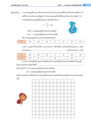 18
วิชาคณิตศาสตร์ 2 (ค21102) บทที่ 3 | กราฟและความสัมพันธ์เชิงเส้น
ตัวอย่างที่ 16 การบอกอุณหภูมิในประเทศไทยและหลายประเทศ นิยมบอกโดยใช้หน่วยเป็นองศาเซลเซียส (o
C )
แต่ก็มีบางประเทศ เช่น สหรัฐอเมริกา นิยมบอกอุณหภูมิโดยใช้หน่วยเป็นองศาฟาเรนไฮต์ (o
F )
ความสัมพันธ์ของอุณหภูมิทั้งสองหน่วย แสดงได้ด้วยสมการ
9
F = C + 32
5
โดยที่ C แทนอุณหภูมิในหน่วยองศาเซลเซียส
และ F แทนอุณหภูมิในหน่วยองศาฟาเรนไฮต์
เมื่อกำหนดอุณหภูมิในหน่วยองศาเซลเซียสดังต่อไปนี้
จากค่า C แต่ละค่าที่กำหนดให้ เราสามารถหาค่า F ที่ทำให้สมการเป็นจริงได้ โดยแทนค่า C แต่ละ
ค่าลงในสมการ ....................................................................................... แล้วคำนวณหาค่า F จะได้
จากตาราง เขียนคู่อันดับแสดงความสัมพันธ์ระหว่างอุณหภูมิในหน่วยองศาเซลเซียสกับอุณหภูมิ
ในหน่วยองศาฟาเรนไฮต์ ได้ดังนี้ .......................................................................................................................
เมื่อกำหนดให้ แกน X แสดงอุณหภูมิในหน่วยองศาเซลเซียส
แกน Y แสดงอุณหภูมิในหน่วยองศาฟาเรนไฮต์
จะได้กราฟแสดงความสัมพันธ์ระหว่างอุณหภูมิในหน่วยองศาเซลเซียสกับอุณหภูมิในหน่วยองศาฟาเรนไฮต์
ดังนี้
C -30 -20 -10 0 10 20 30
C -30 -20 -10 0 10 20 30
F -22 -4 ................. 32 ................. 68 .................
 